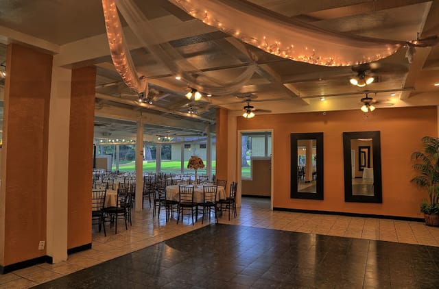 Elegant banquet hall with soft lighting, ideal for receptions and events.