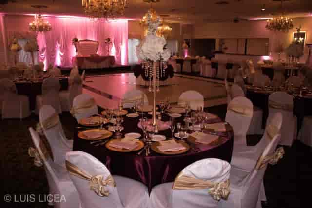 Elegant banquet hall with luxurious decor, perfect for weddings and formal events.