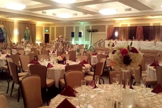Elegant banquet hall with floral centerpieces for formal events and galas.