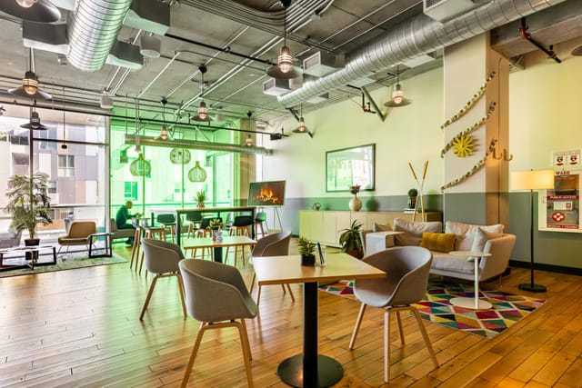 Modern event space in West Hollywood with vibrant decor for networking and meetings.