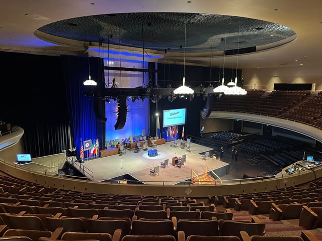 Performance stage at Grand Lodge of Los Angeles, set for formal presentations and events.