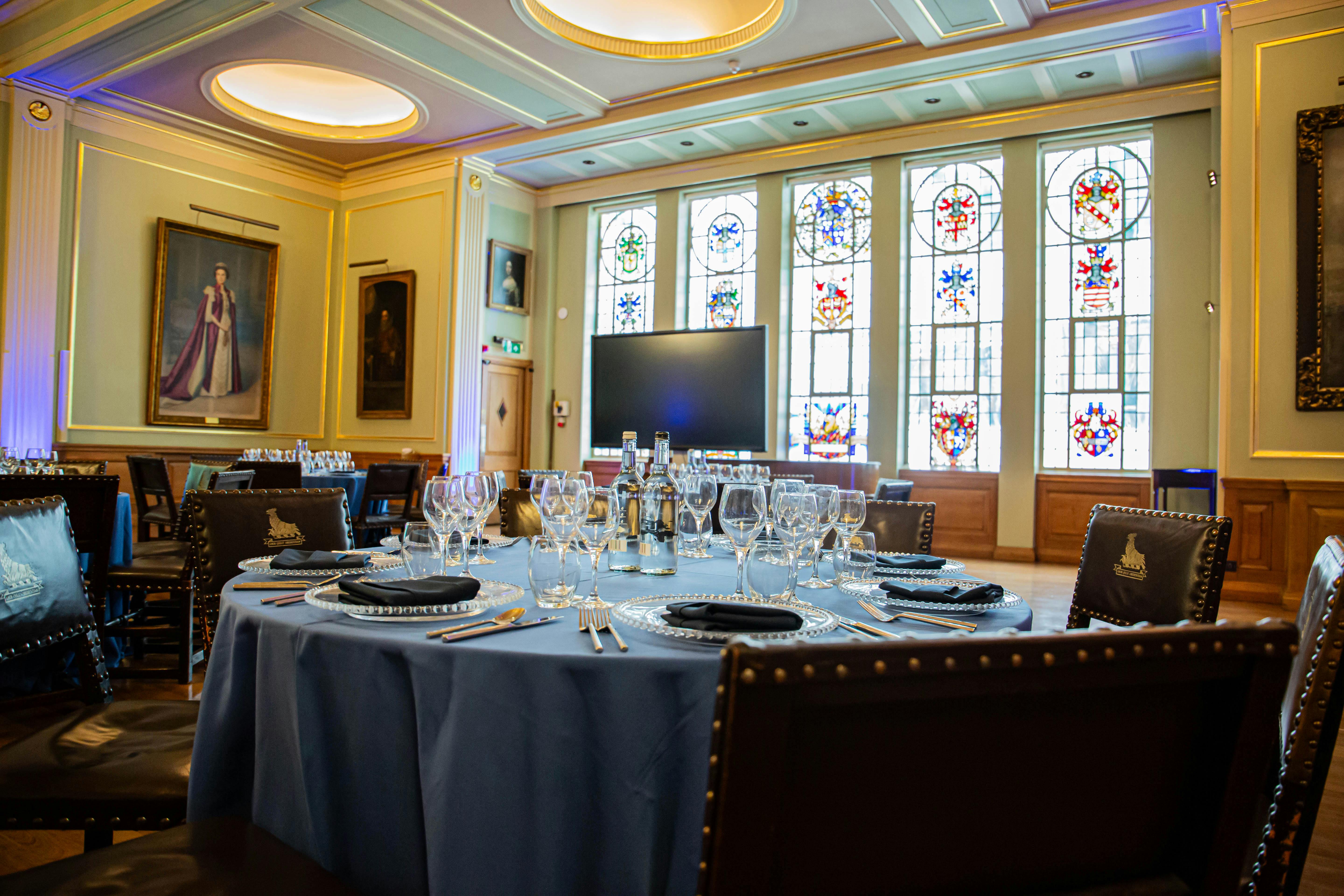 Elegant dining room in Painters Hall, ideal for upscale events and meetings.