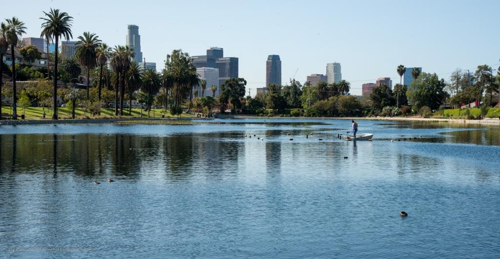 Griffith Park Adult Community Center with lake, ideal for outdoor events and networking.