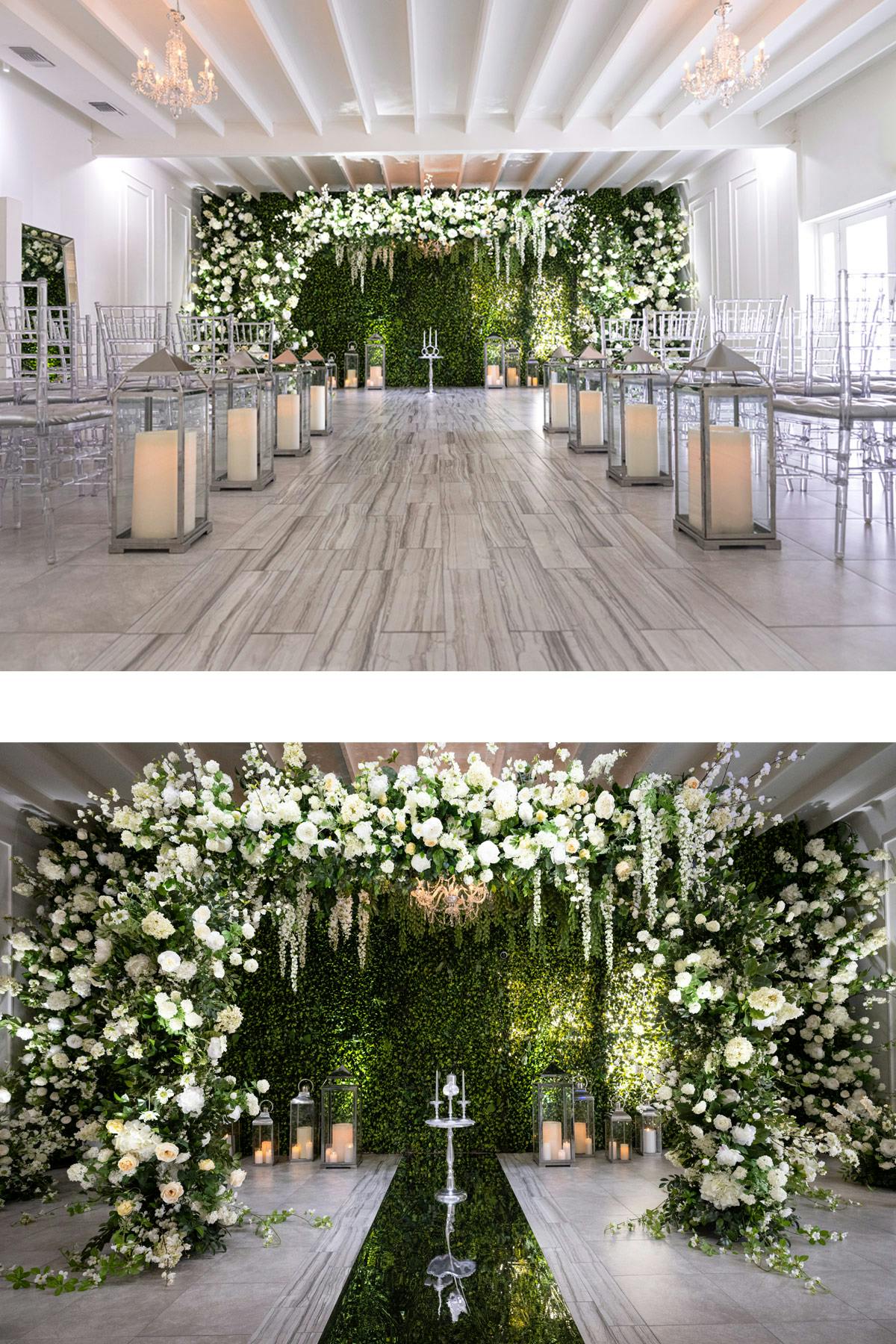 Amor Wedding Chapel with modern aisle and floral backdrop for elegant weddings.
