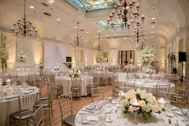 Elegant ballroom in Motivo LA with chandeliers, perfect for weddings and corporate events.