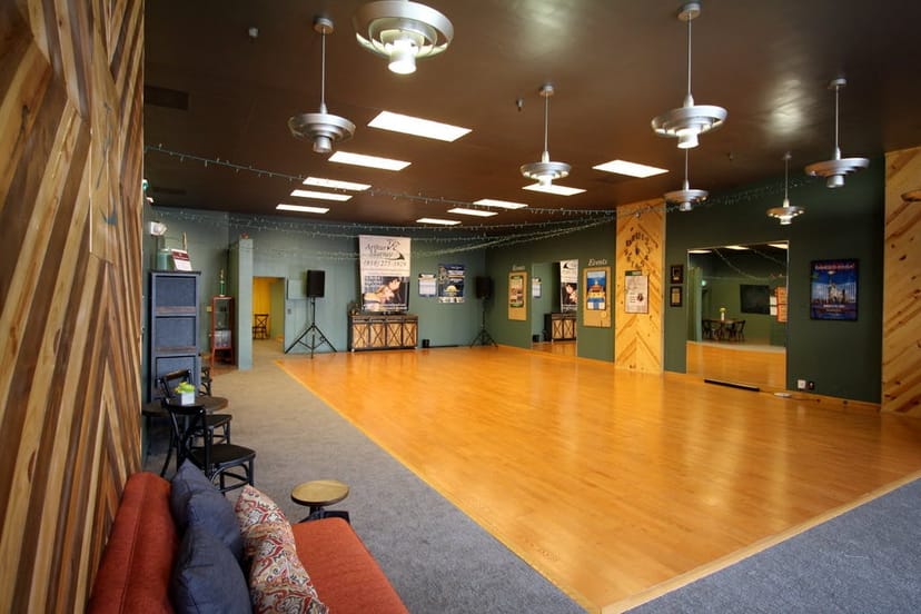 Arthur Murray Dance Studio event space with wooden floor, ideal for parties and workshops.