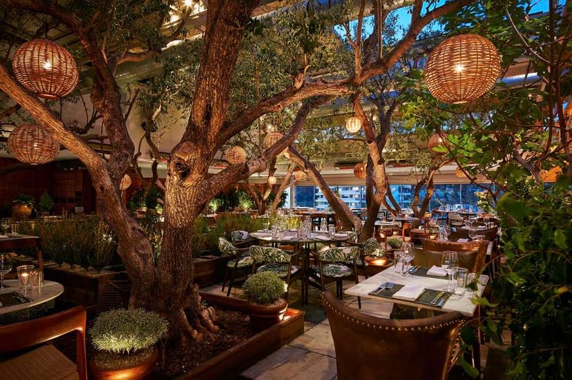 Elegant restaurant with lush greenery, ideal for intimate gatherings and upscale events.