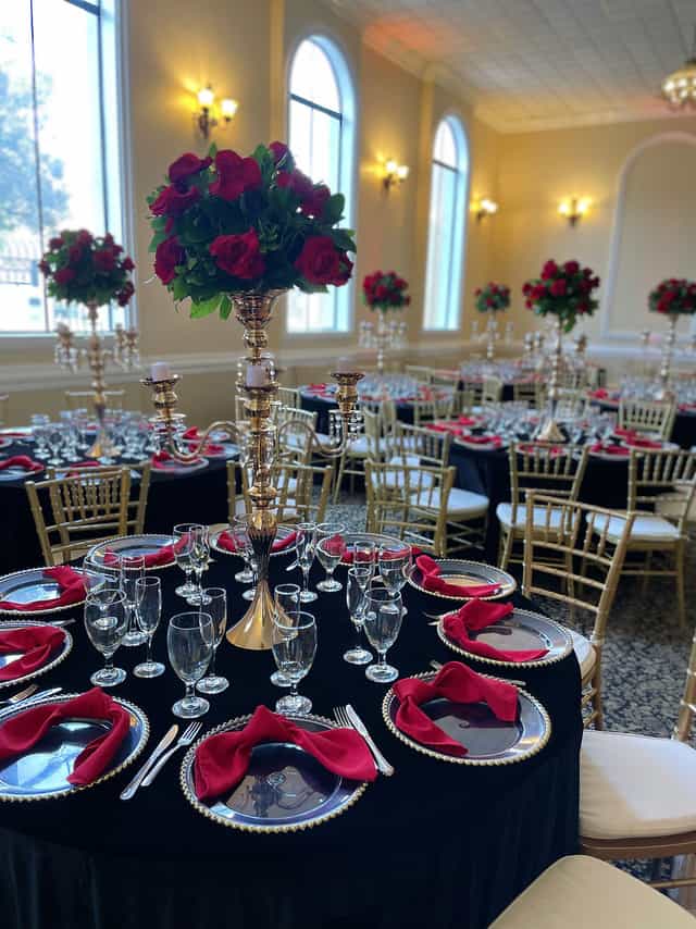 Elegant banquet space with round tables, red rose centerpieces for weddings and formal events.