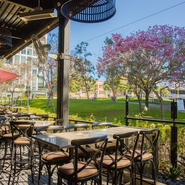 Outdoor seating area at Social Tap Eatery, perfect for casual meetings and networking events.