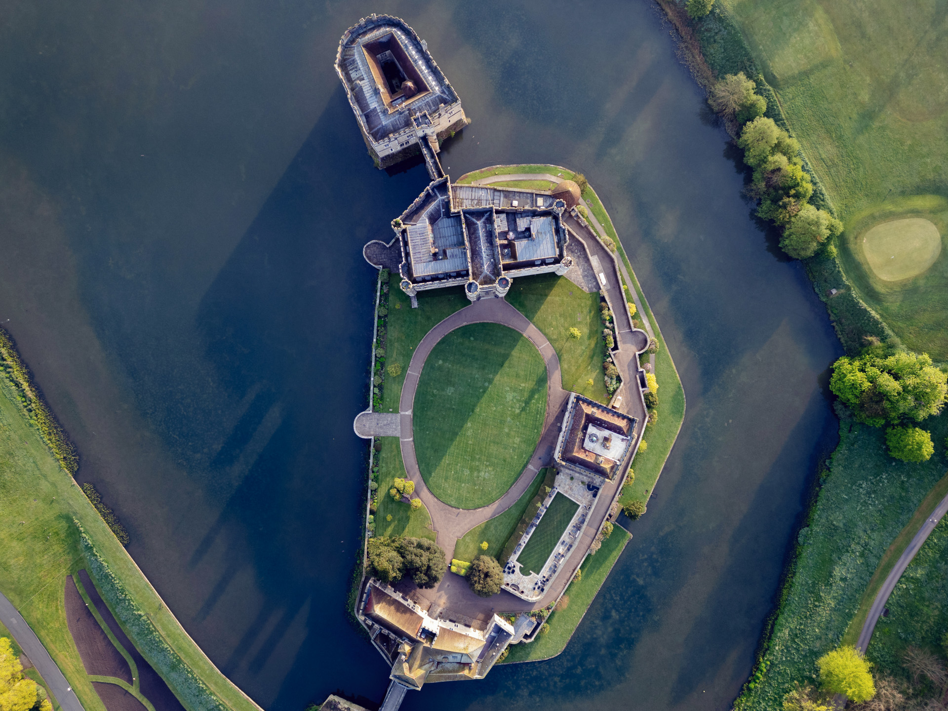 Aerial view of Leeds Castle's Battel Hall, ideal for weddings and corporate events. - Banner