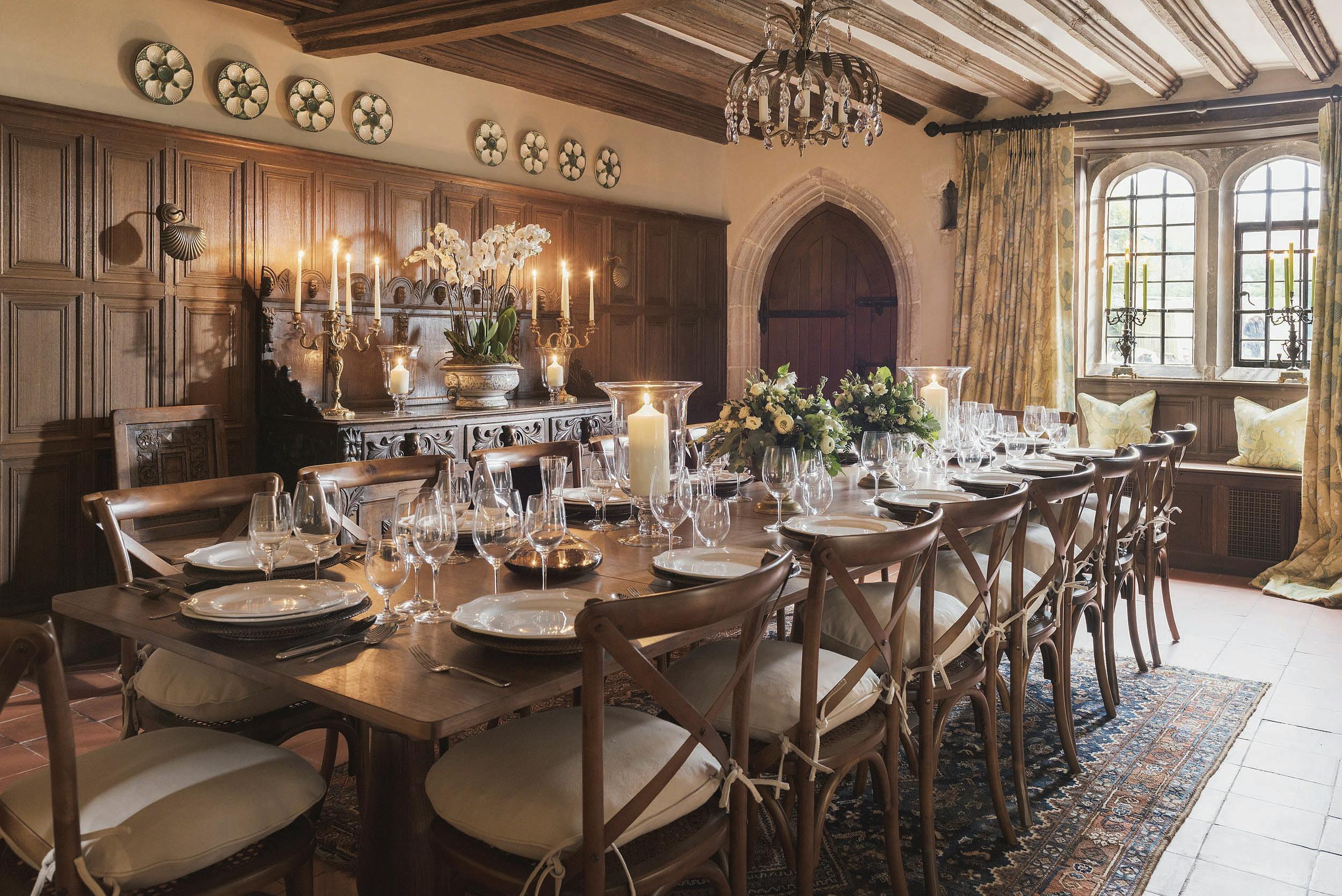 Elegant dining room in Battel Hall, Leeds Castle, ideal for upscale events and gatherings.