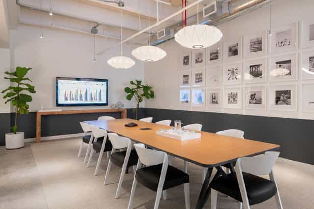 Modern meeting room with wooden table, ideal for collaborative events in CENTRL Office South Bay.