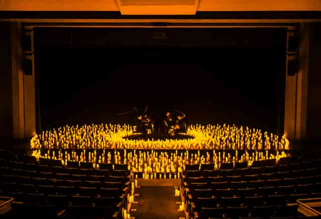 Main Auditorium stage at Adams Avenue Theater, set for intimate concerts and gala dinners.