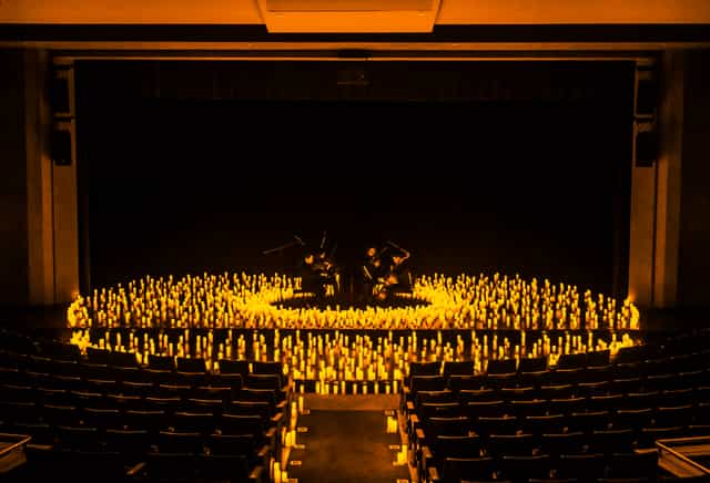 Main Auditorium stage at Adams Avenue Theater, set for intimate concerts and gala dinners.
