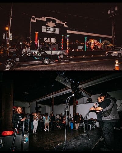 Vibrant outdoor bar event with colorful decor and engaging indoor performance.