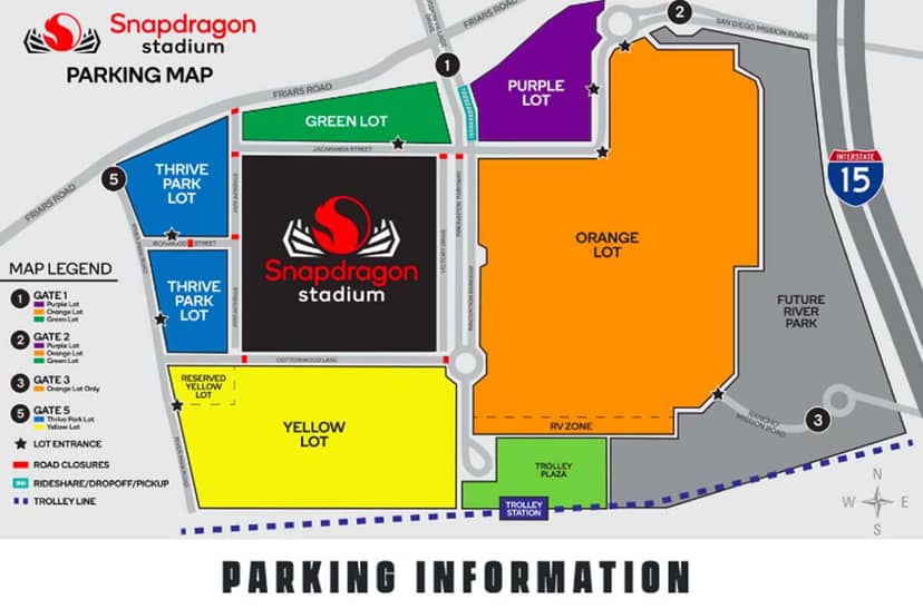 Parking map of Thrive Park at Snapdragon Stadium for event logistics and accessibility.