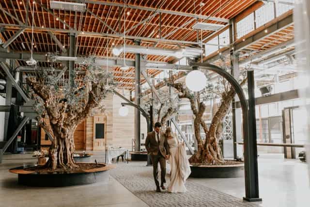 Modern event space with trees, ideal for weddings and upscale gatherings at Venue 808.