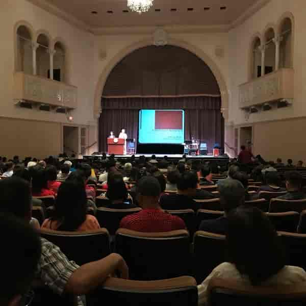 Shiley Theater auditorium setup for a presentation with audience engagement.