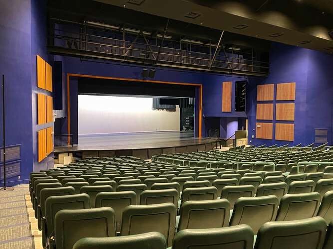 Shiley Theater auditorium with tiered seating for versatile events and performances.