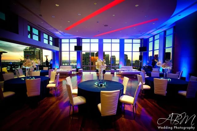 Bar area in The Ultimate Skybox with blue tablecloths, ideal for upscale events.