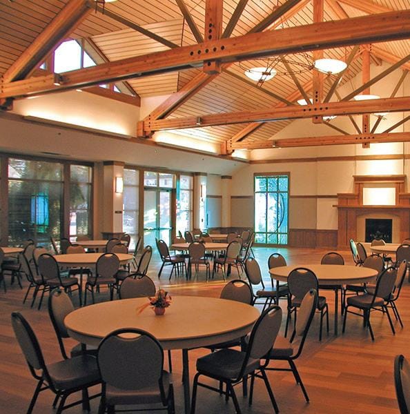 Dance Room at Mountain View Community Center with wooden beams, ideal for events and gatherings.