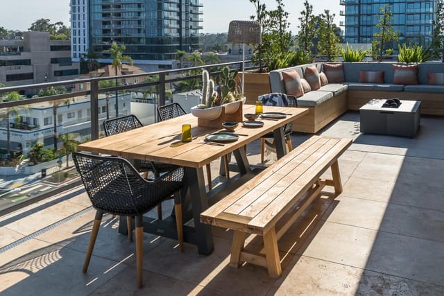 Stylish outdoor balcony at Bankers Hill Club for events and meetings.
