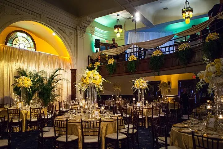 Main Ballroom at The Abbey, elegant table settings for weddings and corporate events.