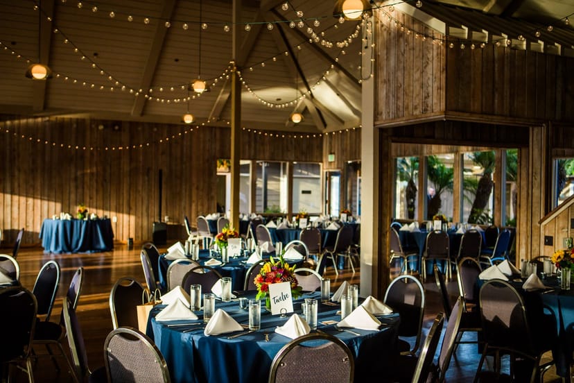Marina Village Conference Center with blue table linens, ideal for weddings and corporate events.