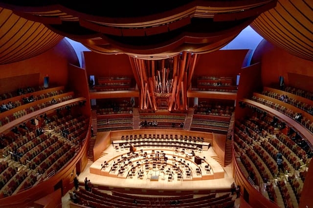 Walt Disney Concert Hall with grand organ, ideal for orchestral performances and events.