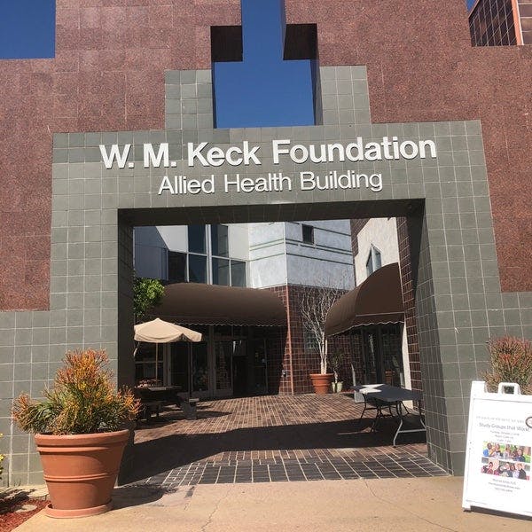 Keck Auditorium entrance at Charles R. Drew University, modern venue for events and meetings.