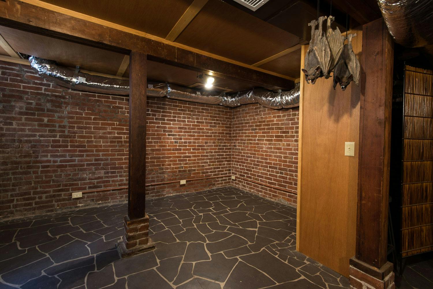 Historic Harris House basement with exposed brick, perfect for intimate events and workshops.