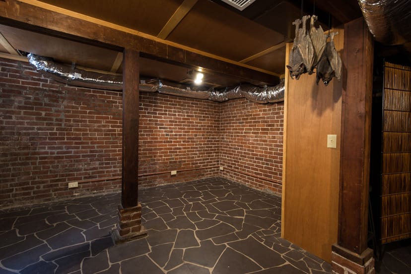Historic Harris House basement with exposed brick, perfect for intimate events and workshops.
