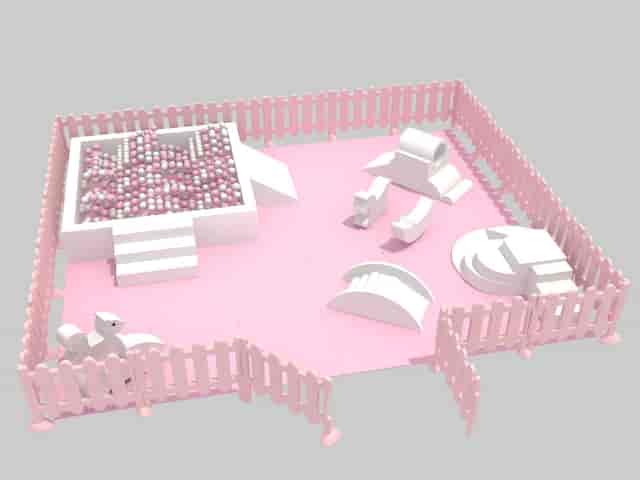 Whimsical children's party space with ball pit and pink decor in Play Play Zone.