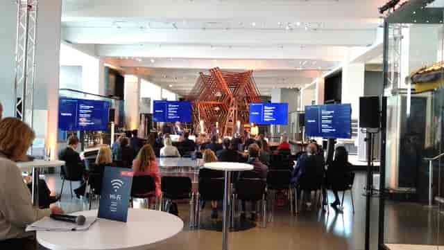 Modern museum event space, screens, Wi-Fi, conference, product launch