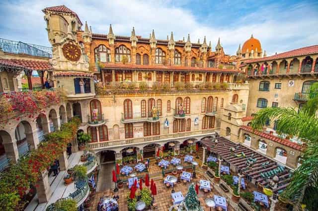 Mission Inn Hotel courtyard with elegant dining setup for events and celebrations.
