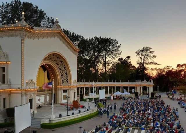 Spreckels Organ Pavilion at sunset, ideal for outdoor performances and gatherings.