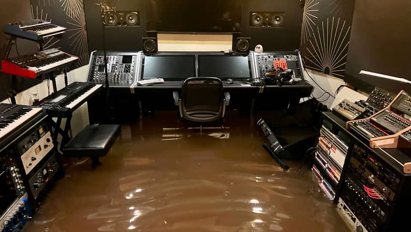 Flooded recording studio at Sweetwater Rehearsal Studios, highlighting event planning risks.