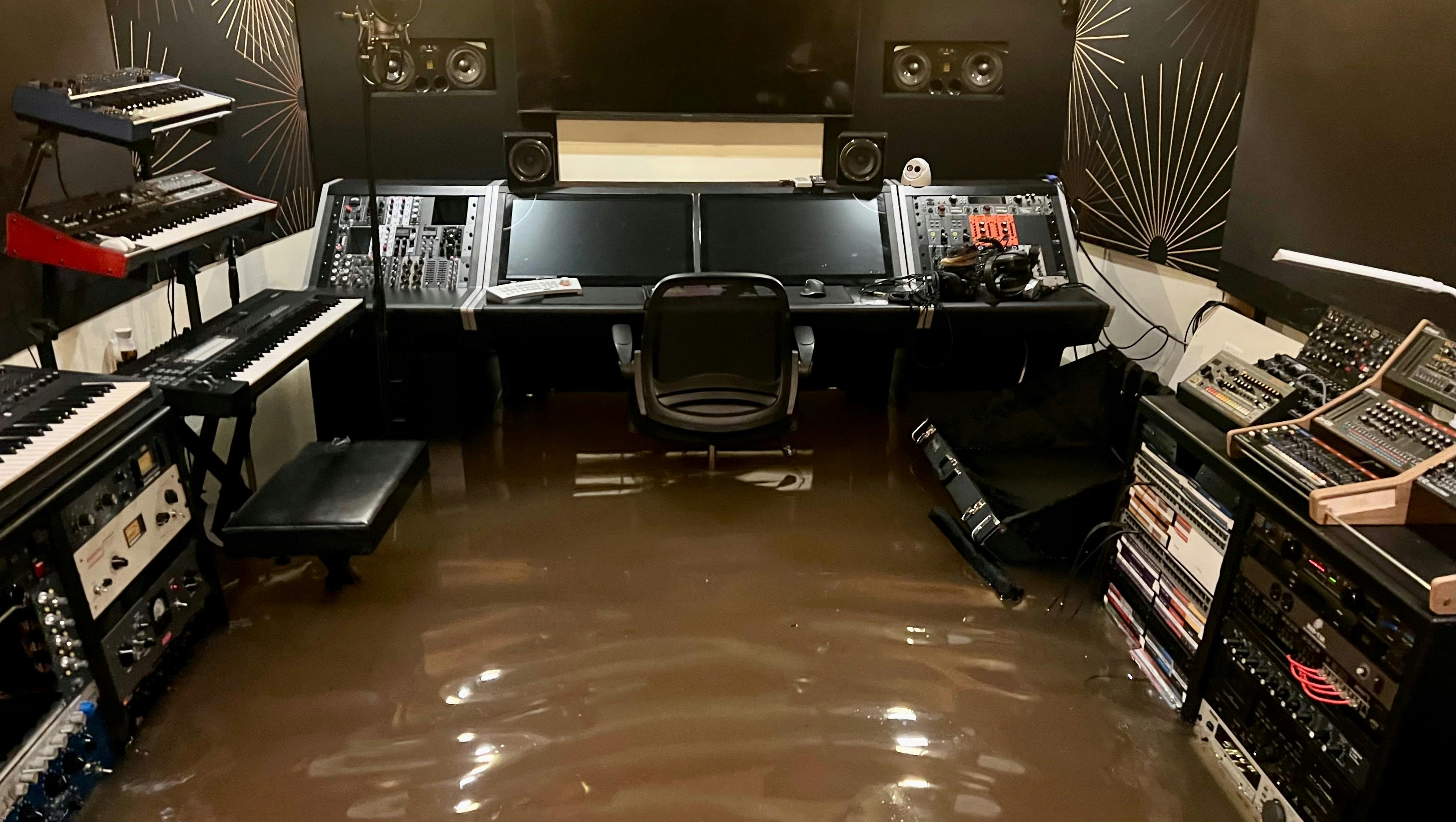 Flooded recording studio at Adder Studios, highlighting event planning risks and venue selection.