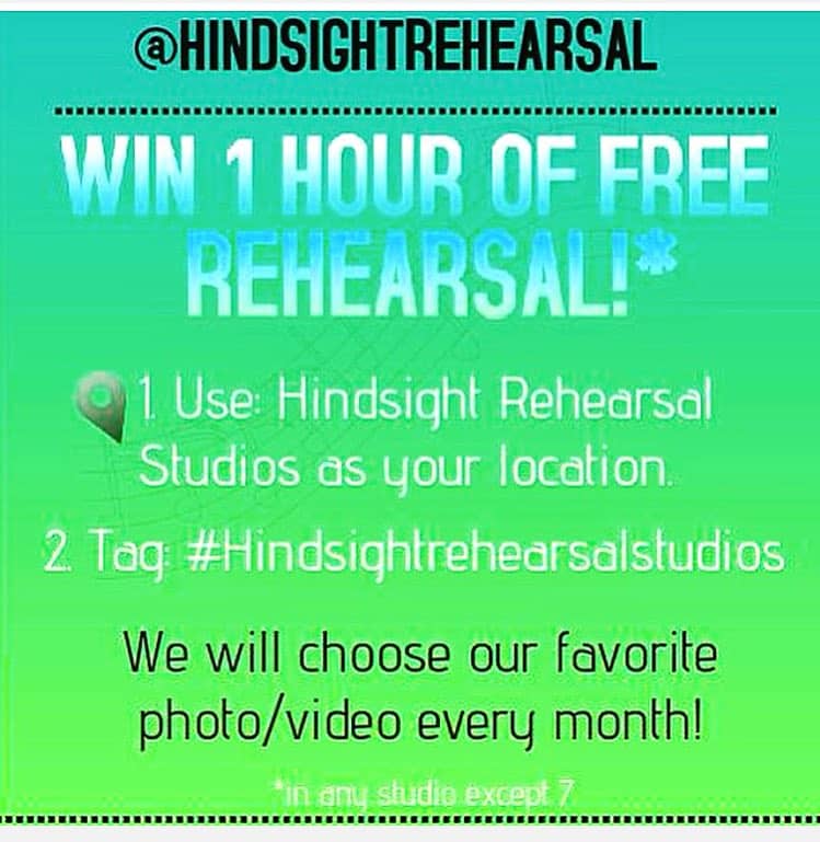 Promotional graphic for free rehearsal time at Hindsight Rehearsal Studios, event planning.