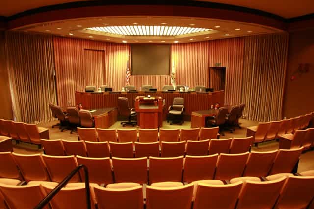 City Council Chambers in Stanton with tiered seating for formal meetings and conferences.