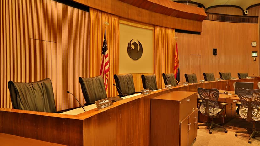 City Council Chambers in Stanton with empty chairs, ideal for public meetings and conferences.