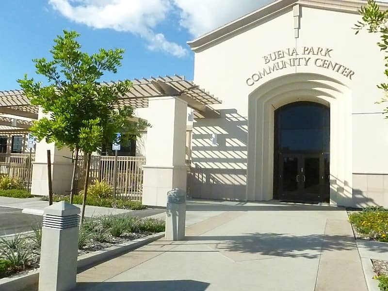 Buena Park Community Center entrance, modern venue for events and meetings.