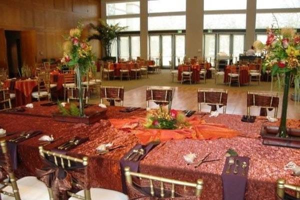 Sierra Room at Cerritos Center, elegant banquet space with floral centerpieces for weddings.