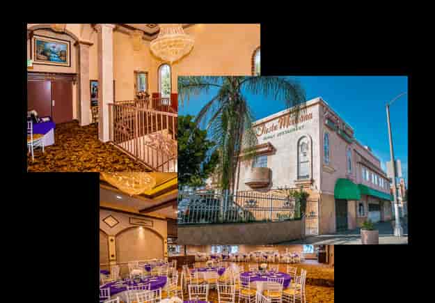 Elegant banquet hall with chandeliers, perfect for events and celebrations.