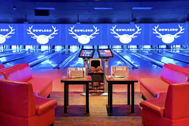 Vibrant bowling alley at Bowlero Cerritos, ideal for corporate events and team-building.