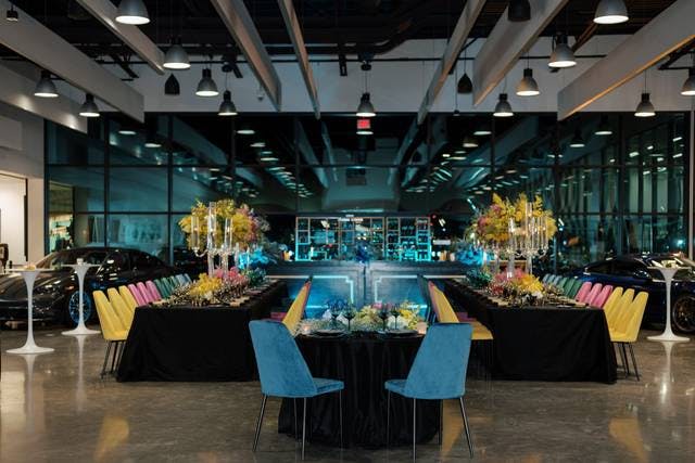 Porsche Experience Center LA meeting room with elegant decor for corporate events and parties.