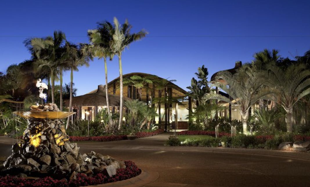 "Paradise Ballroom entrance at dusk, elegant venue for corporate and social events."