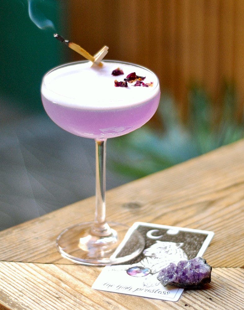 Vibrant purple cocktail with floral garnish for events and gatherings in Madison.