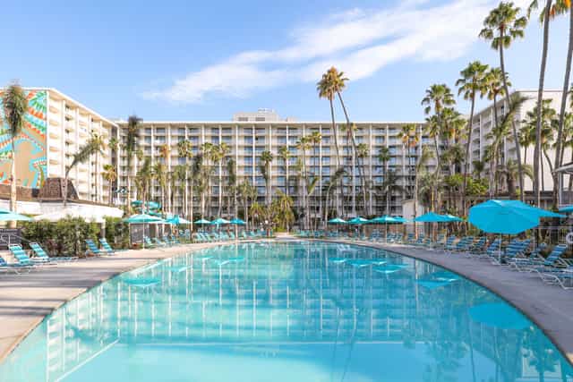 ARLO hotel pool area with palm trees, perfect for outdoor events and networking.