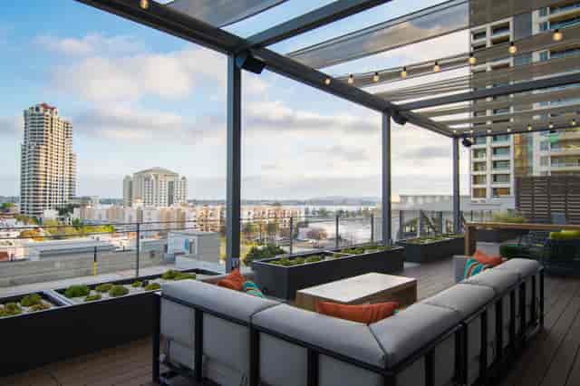 Stylish rooftop patio at Deck655 with city view, perfect for events and gatherings.